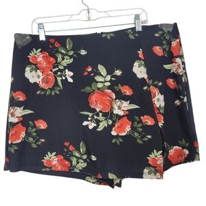 Shein Black Red Floral Whimsical Casual Skort Size 16 w/ Slit